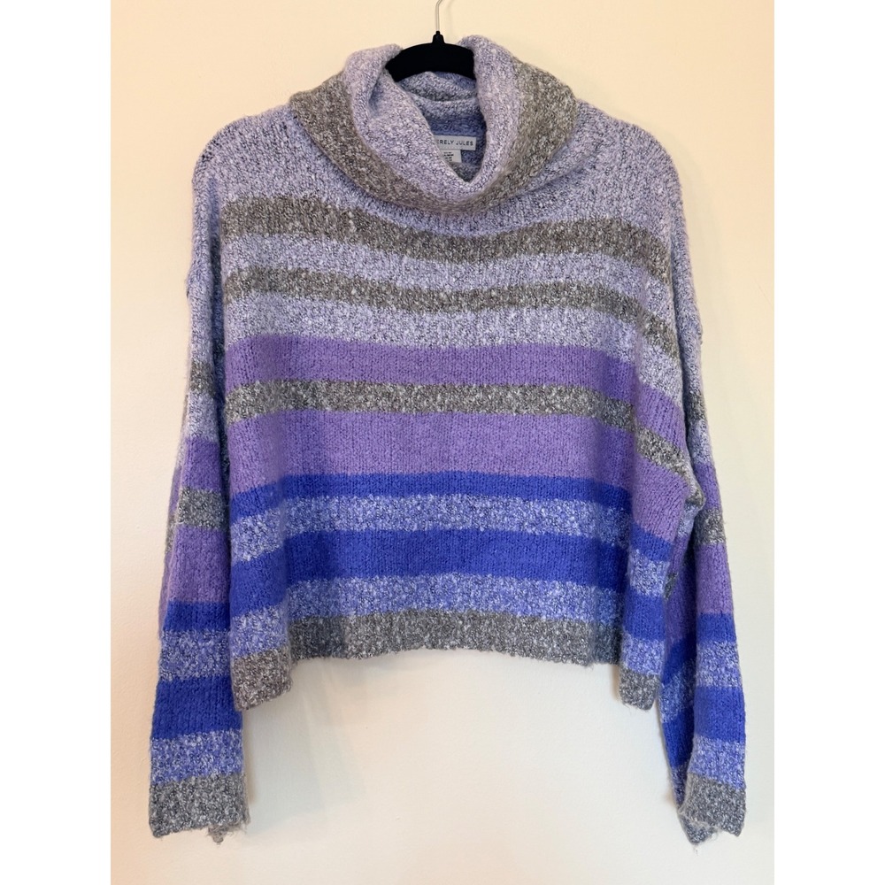 Sincerely Jules Womens Purple Grey Striped Turtleneck Cropped Sweater Size M